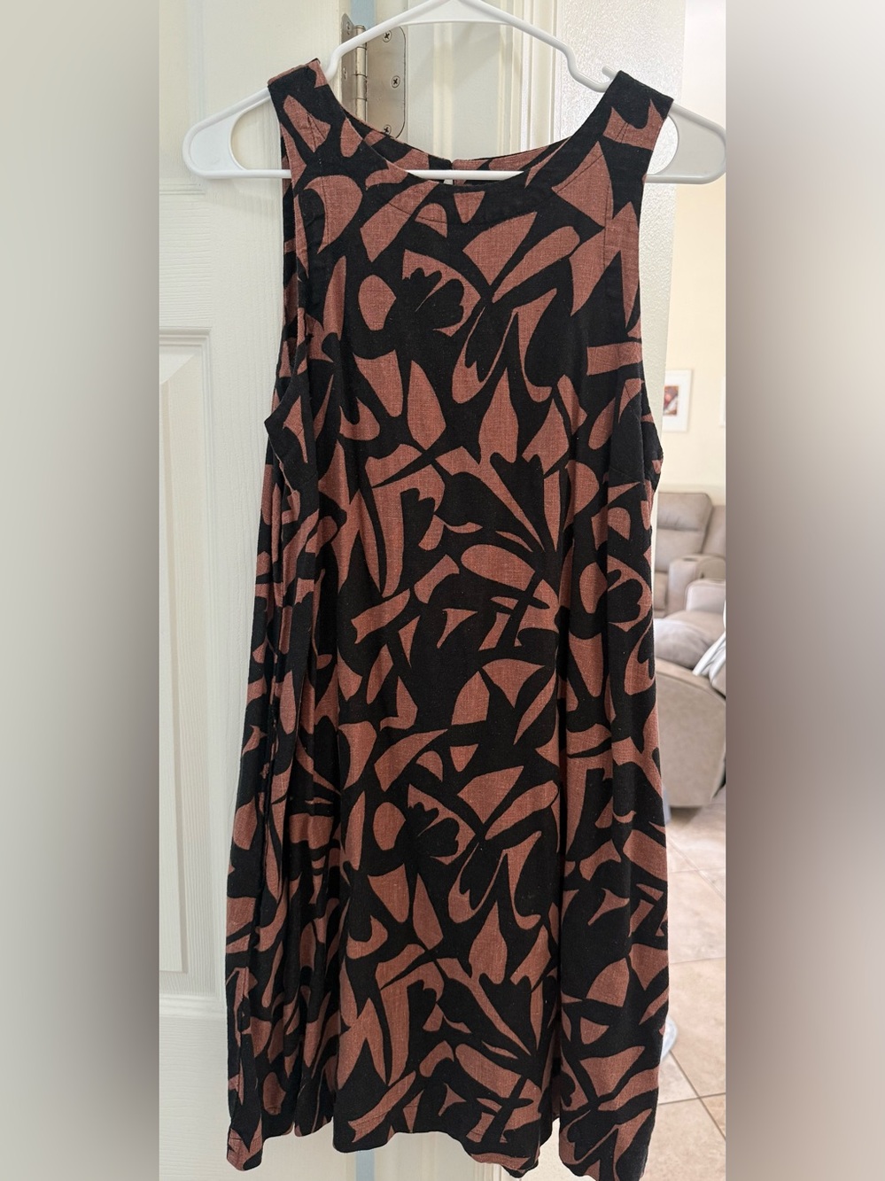 A New Day - Black/Brown Abstract Print Linen Dress Size Medium